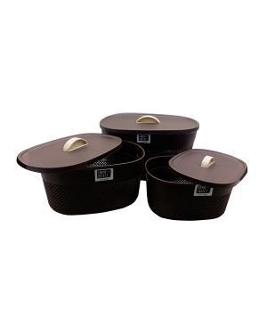 Sukhson India Plastic Plastic Set of 3 for Multipurpose Storage Basket for Kitchen with Lid Brown Storage Basket (Pack of 3)
