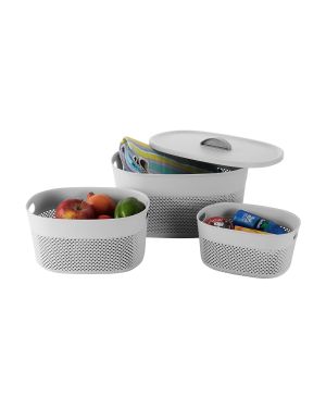 Sukhson India Plastic Plastic Set of 3 for Multipurpose Storage Basket for Kitchen with Lid Grey Storage Basket (Pack of 3)