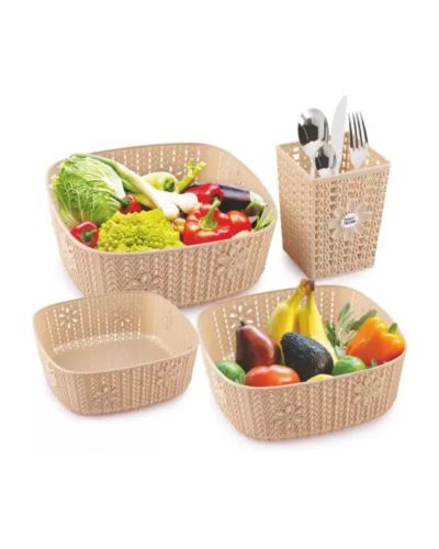 Sukhson India Plastic Storage Basket Box Organizer for Jars, Bottle, Fruits, Vegetable, Utensils -Set of 4 Pieces (Size – 28 X 26 X 10 cm), Plastic Fruit & Vegetable Basket (Beige)