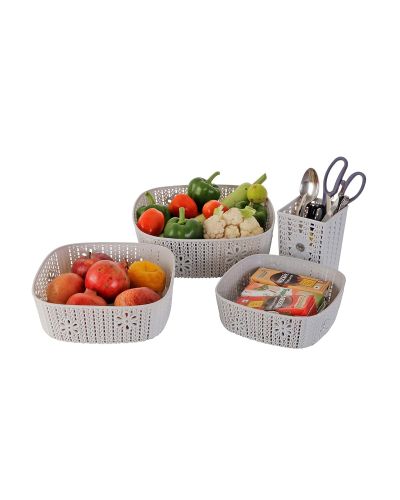 Sukhson India Plastic Storage Basket Box Organizer – Set of 4 Piece(Size-28X 26X10 cm) Plastic Fruit & Vegetable Basket (Grey)