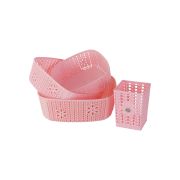 Sukhson India Plastic Storage Basket Box Organizer for Jars, Bottle, Fruits, Vegetable, Utensils -Set of 4 Pieces (Size – 28 X 26 X 10 cm), Plastic Fruit & Vegetable Basket (Pink)