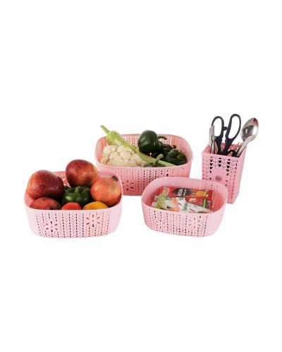 Sukhson India Plastic Storage Basket Box Organizer for Jars, Bottle, Fruits, Vegetable, Utensils -Set of 4 Pieces (Size – 28 X 26 X 10 cm), Plastic Fruit & Vegetable Basket (Pink)