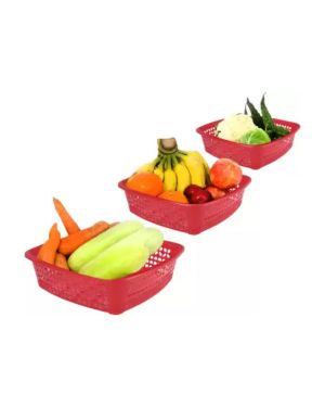 Sukhson India Set of 3 Multipurpose Plastic Baskets for Fruits Vegetables Chocolate Storage and Kitchen Fridge Dining Table Plastic Fruit & Vegetable Basket (Red)