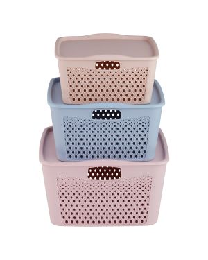 Sukhson India Plastic Multipurpose Storage Baskets With Lid For Home & Kitchen Storage Basket (Pack of 3)
