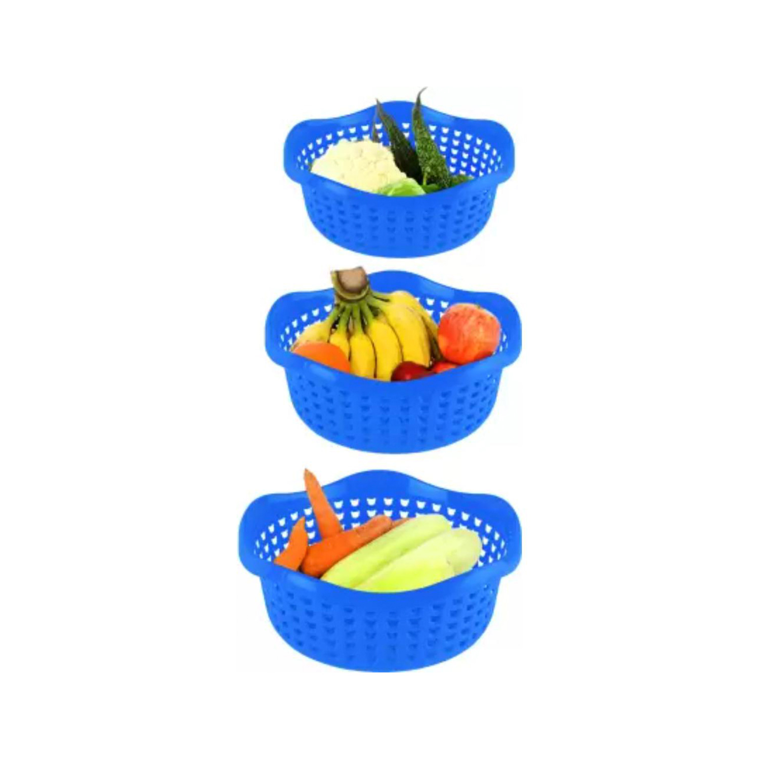 Sukhson India Set of 3 Multipurpose Plastic Baskets for Fruits Vegetables Chocolate Storage and Kitchen Fridge Dining Table Plastic Fruit & Vegetable Basket (Blue)