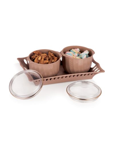 SUKHSON INDIA Multipurpose & Decorative Serving Set | 2 Bowl with Tray (Nourish-Beige)